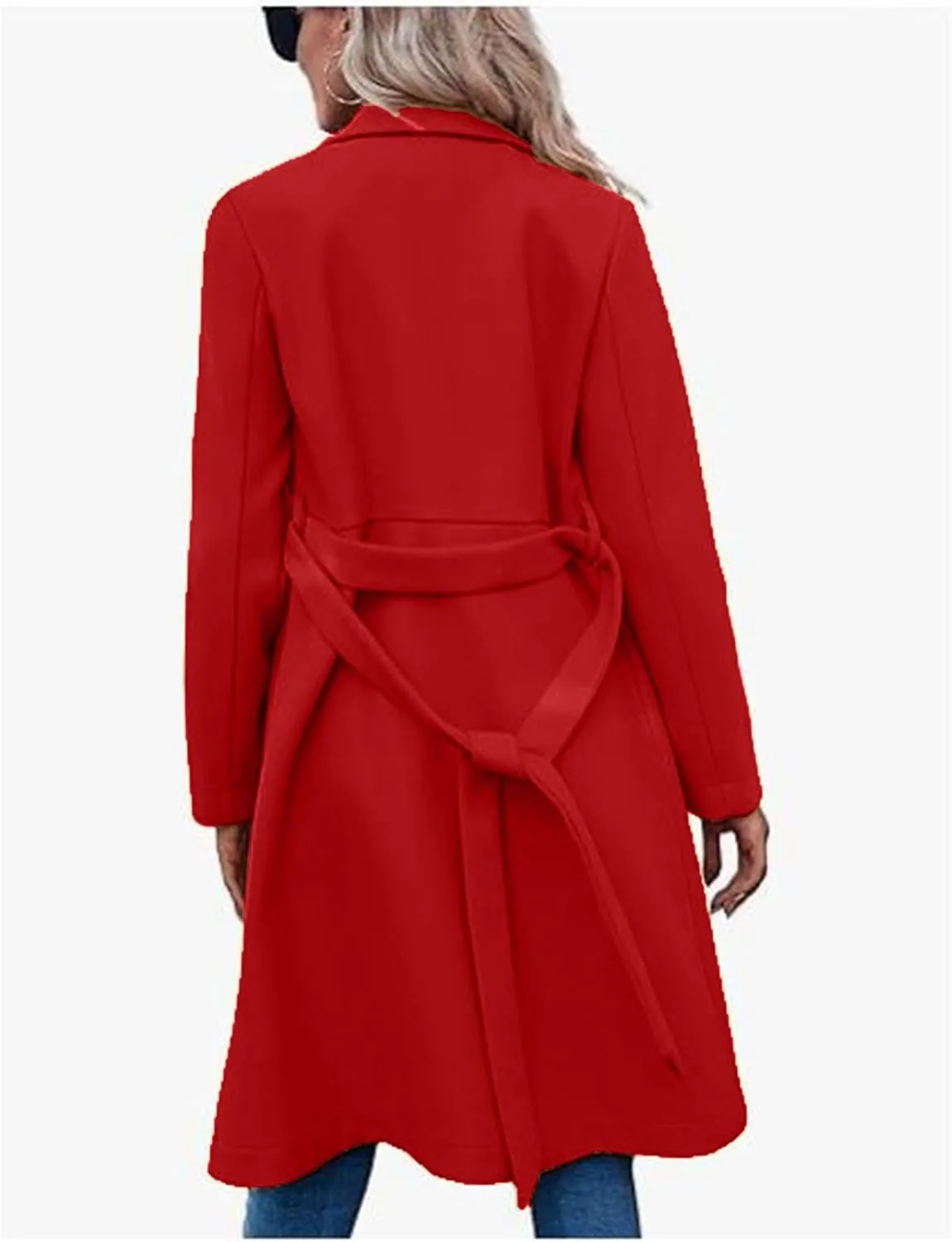 Pea Coats for Women Double-Breasted Wool Long Trench Coat Winter Lapel Collar Overcoat Windbreaker Jacket with Belt