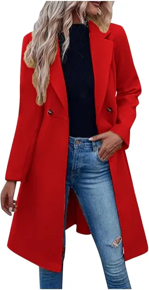 Pea Coats for Women Double-Breasted Wool Long Trench Coat Winter Lapel Collar Overcoat Windbreaker Jacket with Belt