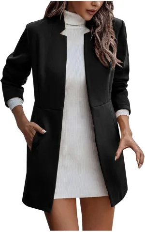 Pea Coats for Women Stand Collar Open Front Trench Coat Casual Winter Warm Mid Long Cardigan Overcoat