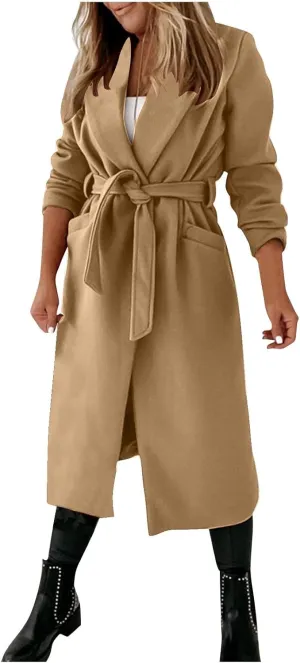 Pea Coats for Women Trendy Notch Lapel Open Front Overcoat Plus Size Long Wool Coats 2024 Winter Jackets with Belt