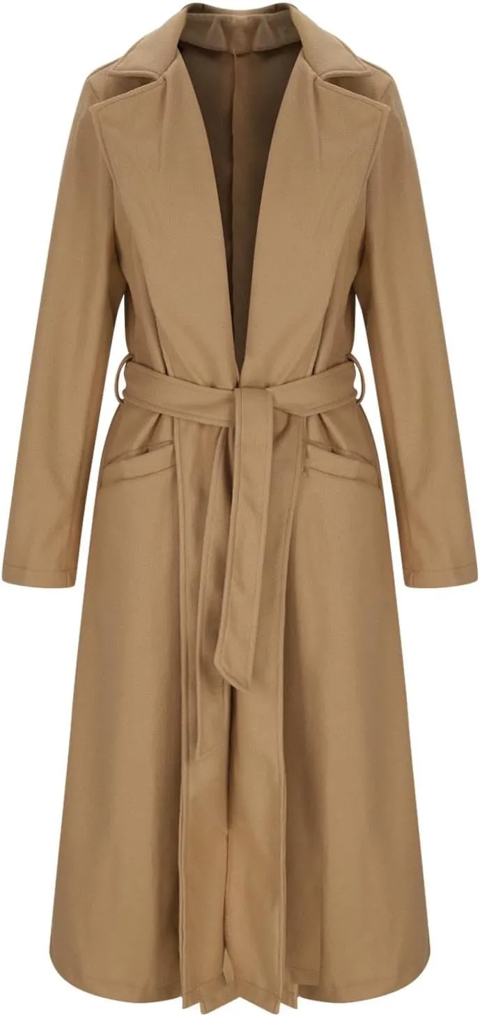 Pea Coats for Women Trendy Notch Lapel Open Front Overcoat Plus Size Long Wool Coats 2024 Winter Jackets with Belt