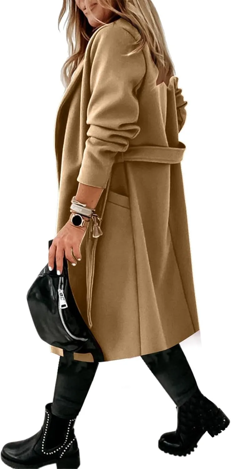 Pea Coats for Women Trendy Notch Lapel Open Front Overcoat Plus Size Long Wool Coats 2024 Winter Jackets with Belt