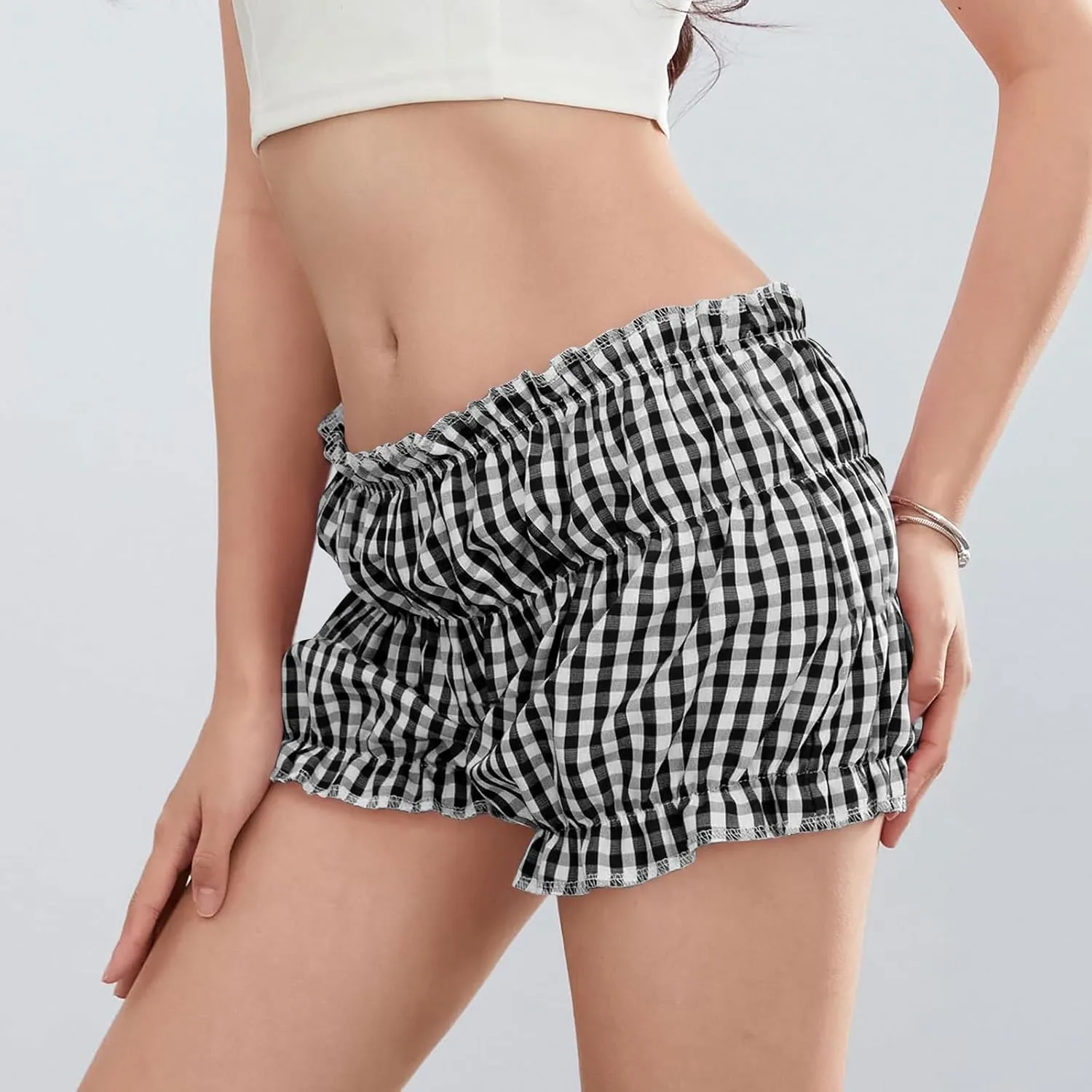 Pink Plaid Skirt for Women Mini Shorts Low Rise Checkered Bloomer Shorts Y2k Mini Ruffle Shorts Gingham Boxer