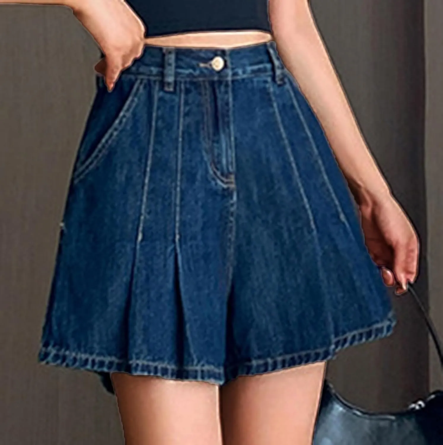 Pleated Jean Shorts for Women Elastic High Waisted Loose Flare Wide Leg Summer Beach Denim Shorts with Pockets
