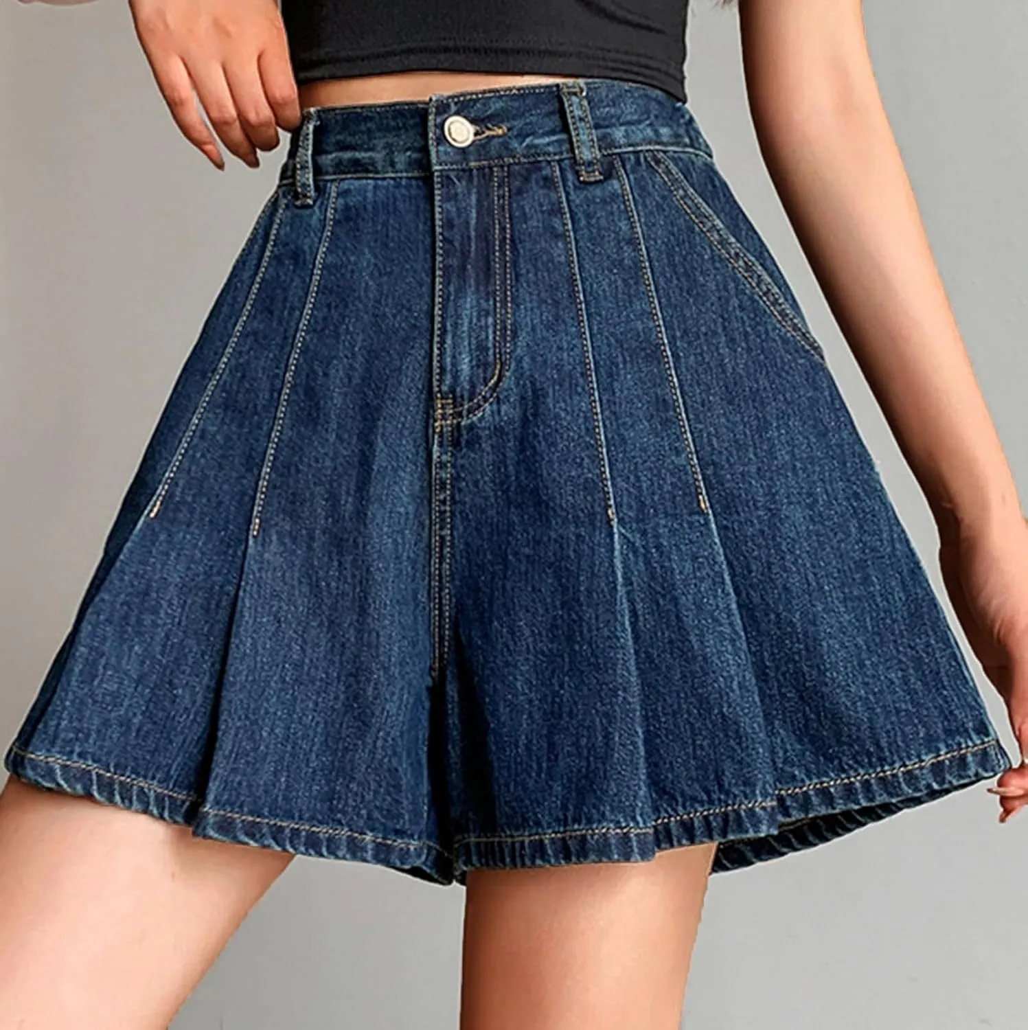 Pleated Jean Shorts for Women Elastic High Waisted Loose Flare Wide Leg Summer Beach Denim Shorts with Pockets