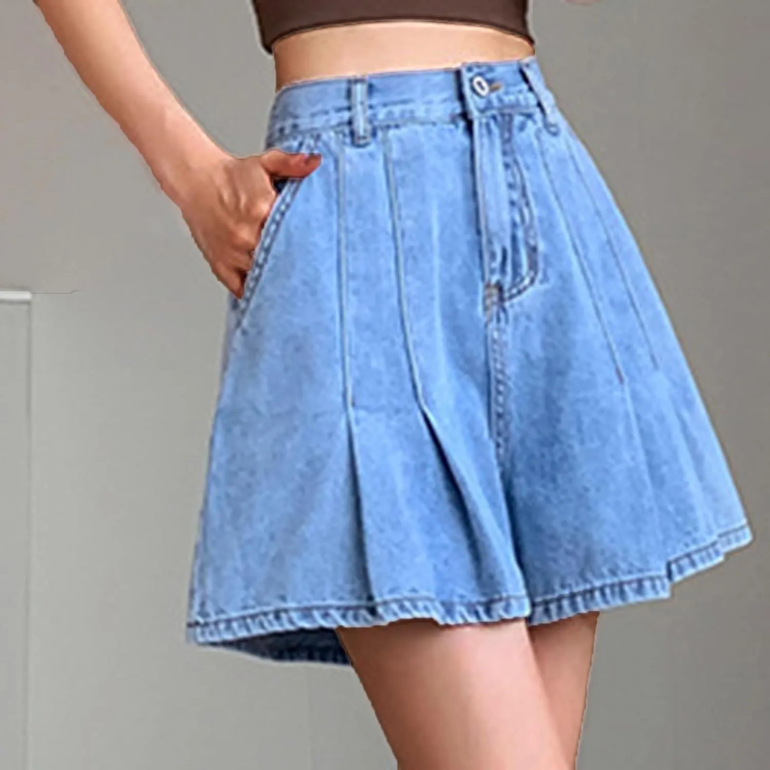 Pleated Jean Shorts for Women Elastic High Waisted Loose Flare Wide Leg Summer Beach Denim Shorts with Pockets