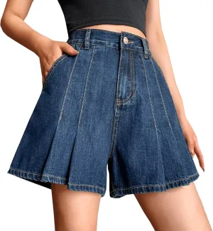 Pleated Jean Shorts for Women Elastic High Waisted Loose Flare Wide Leg Summer Beach Denim Shorts with Pockets