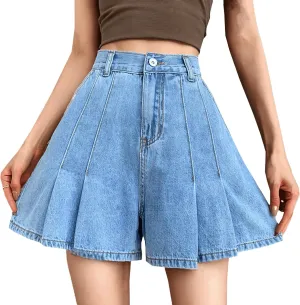 Pleated Jean Shorts for Women Elastic High Waisted Loose Flare Wide Leg Summer Beach Denim Shorts with Pockets