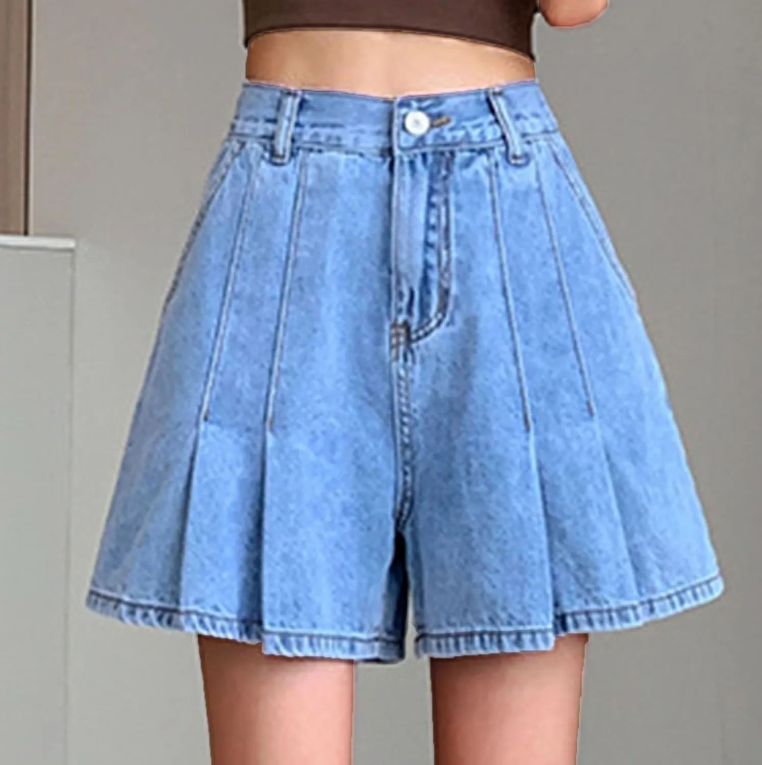 Pleated Jean Shorts for Women Elastic High Waisted Loose Flare Wide Leg Summer Beach Denim Shorts with Pockets