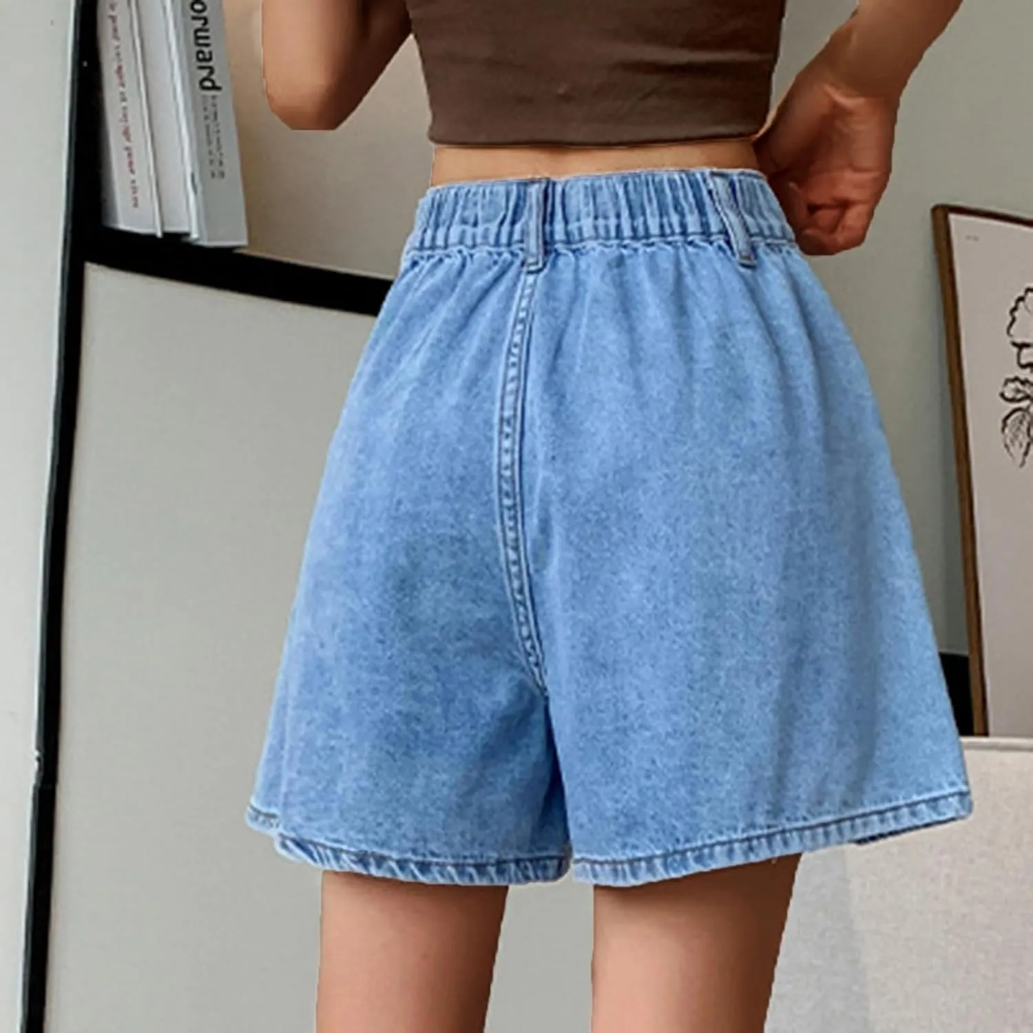 Pleated Jean Shorts for Women Elastic High Waisted Loose Flare Wide Leg Summer Beach Denim Shorts with Pockets