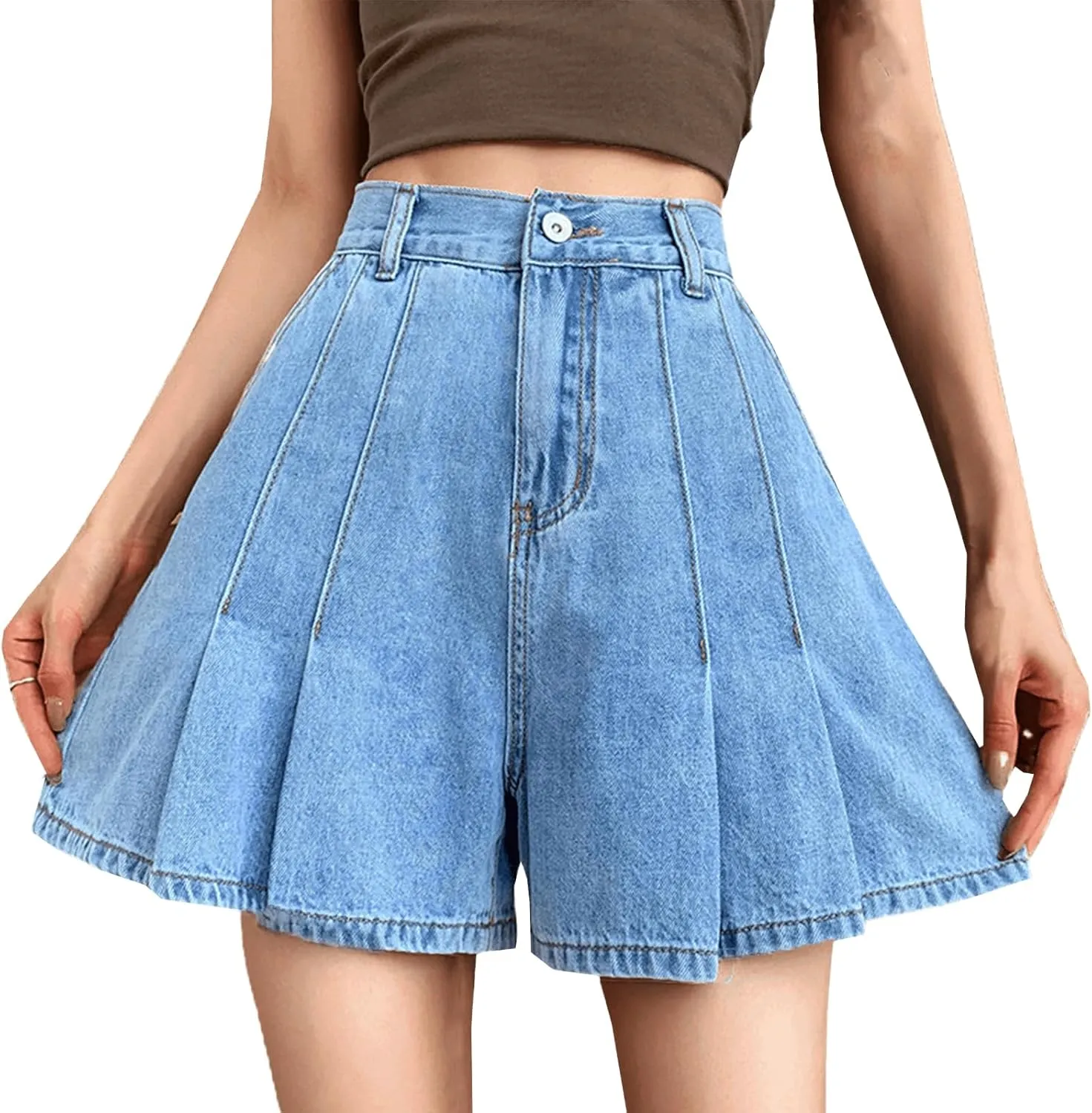 Pleated Jean Shorts for Women Elastic High Waisted Loose Flare Wide Leg Summer Beach Denim Shorts with Pockets