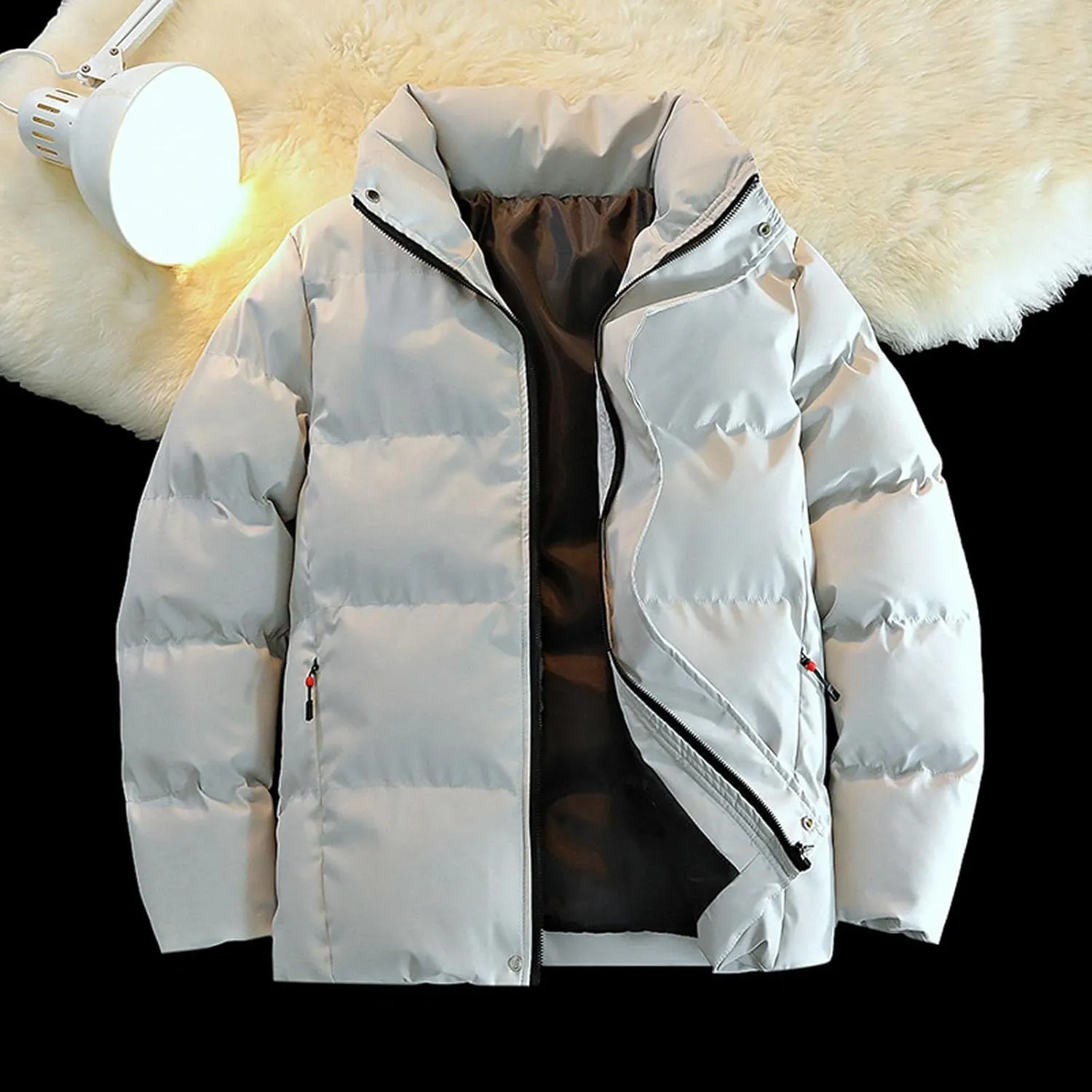 Quilted Full Zip Puffer Jacket Men Thicken Stand Collar down Jacket Windproof Insulated Winter Warm Puffy Ski Coat Outwear