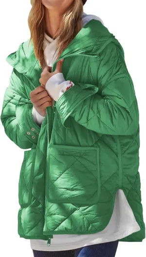 Quilted Jackets for Women Lightweight Puffer Jacket Hooded Long Sleeve Zip Up Winter Coat Dolman Warm Outwear Pockets