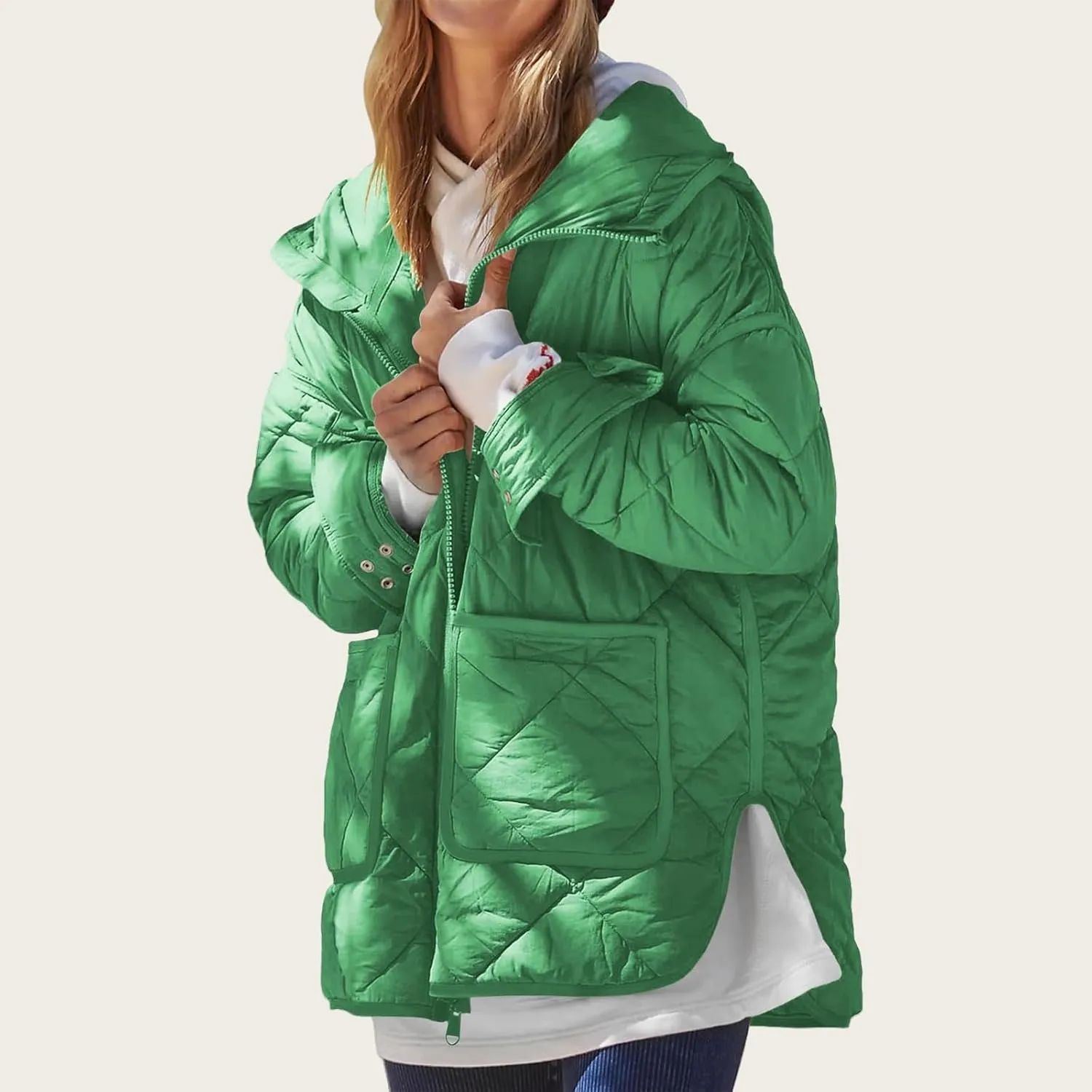 Quilted Jackets for Women Lightweight Puffer Jacket Hooded Long Sleeve Zip Up Winter Coat Dolman Warm Outwear Pockets