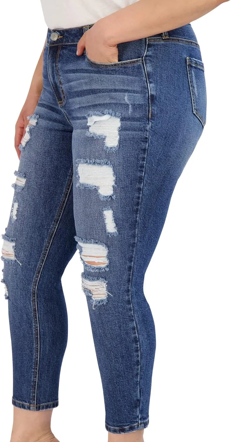 Ripped Denim Plus Size Jeans for Women - Cuffed Hem Stretchy Jeans, Ladies High-Waisted Pants