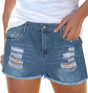 Ripped Jeans Shorts Womens High Waisted Stretchy Frayed Hem Distressed Denim Shorts Summer Hot Shorts with Pockets