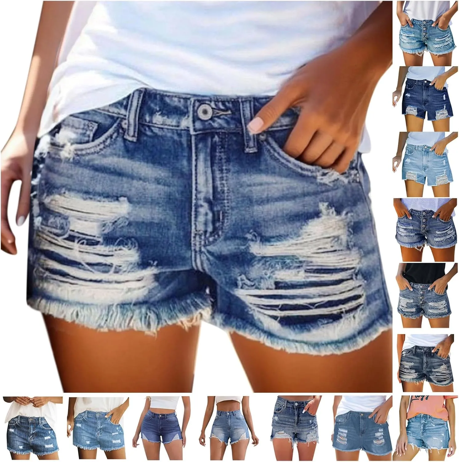 Ripped Jeans Shorts Womens High Waisted Stretchy Frayed Hem Distressed Denim Shorts Summer Hot Shorts with Pockets