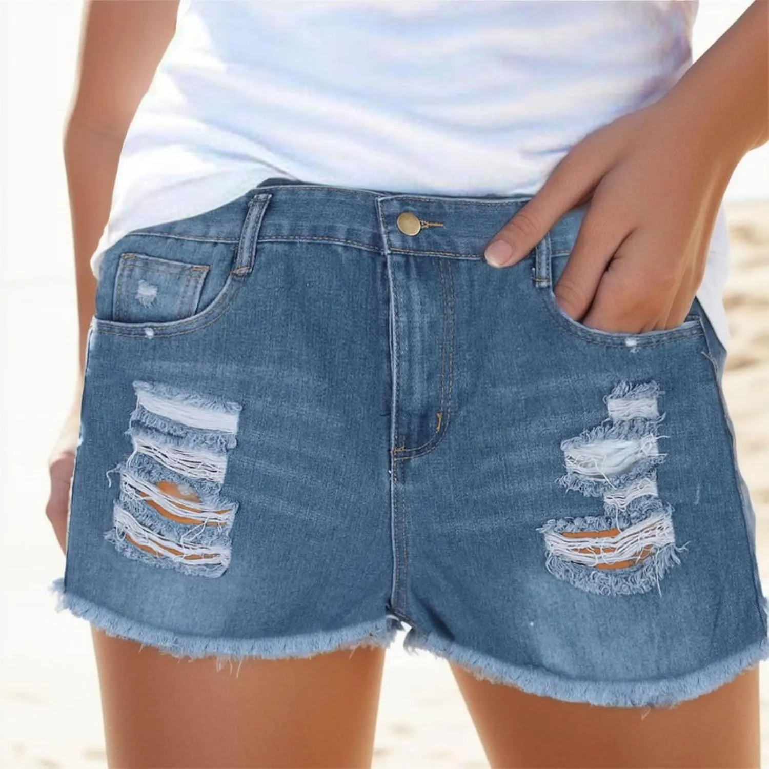 Ripped Jeans Shorts Womens High Waisted Stretchy Frayed Hem Distressed Denim Shorts Summer Hot Shorts with Pockets