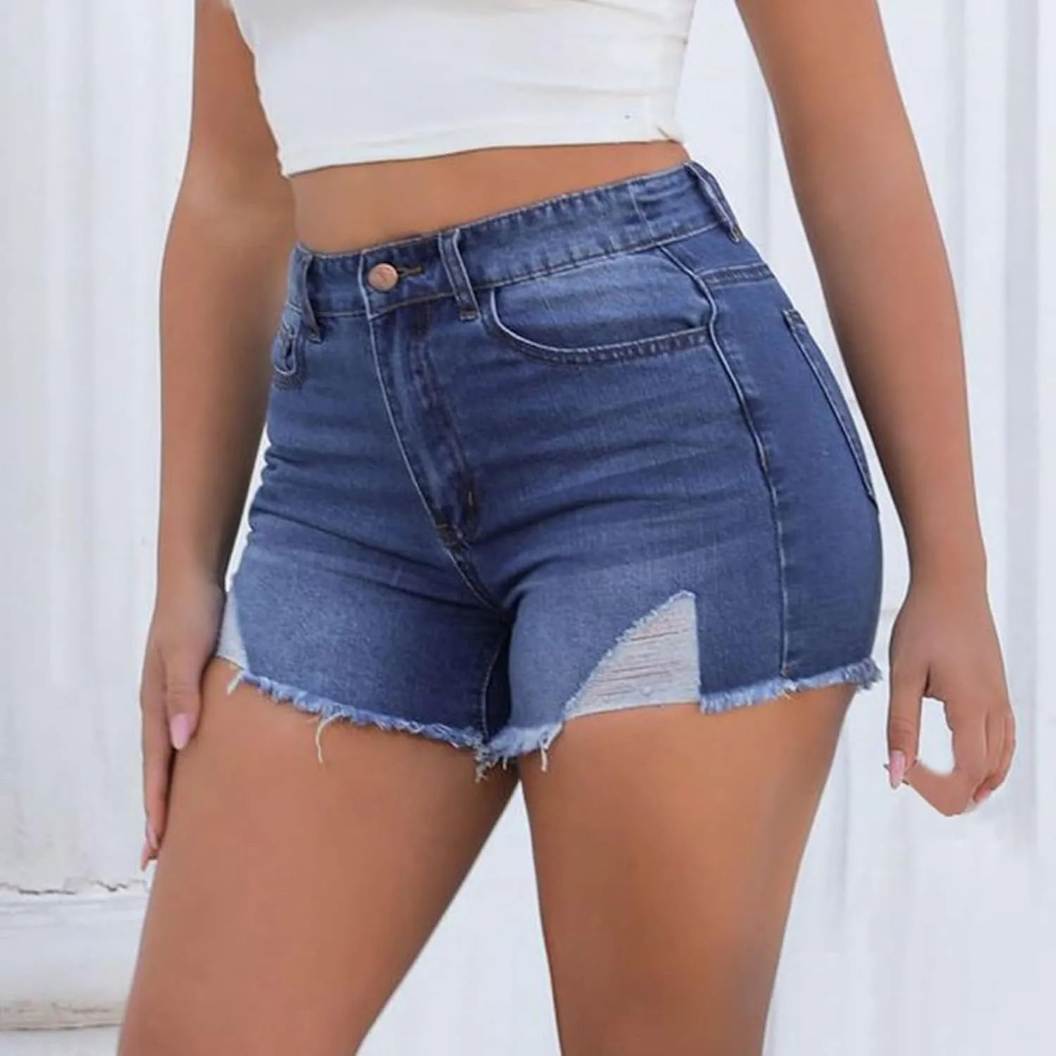 Ripped Jeans Shorts Womens High Waisted Stretchy Frayed Hem Distressed Denim Shorts Summer Hot Shorts with Pockets