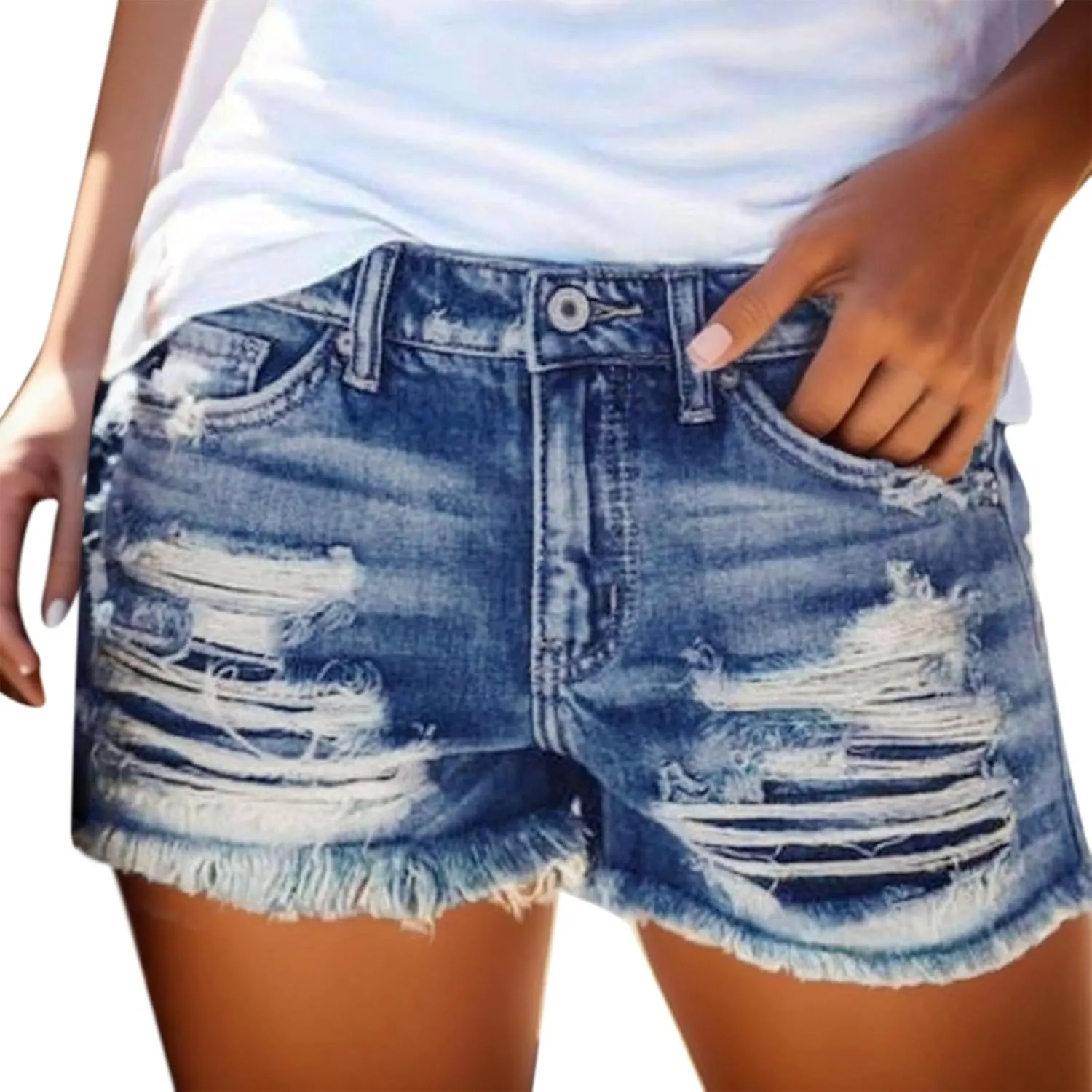 Ripped Jeans Shorts Womens High Waisted Stretchy Frayed Hem Distressed Denim Shorts Summer Hot Shorts with Pockets
