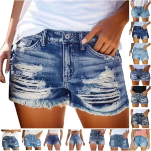 Ripped Jeans Shorts Womens High Waisted Stretchy Frayed Hem Distressed Denim Shorts Summer Hot Shorts with Pockets