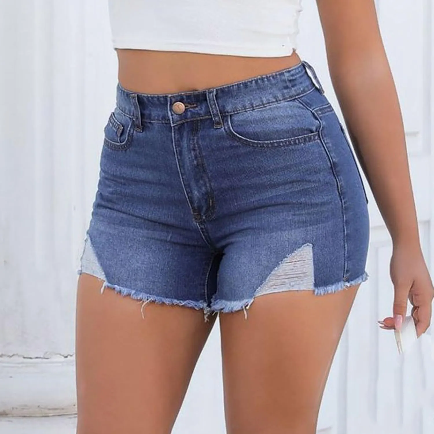 Ripped Jeans Shorts Womens High Waisted Stretchy Frayed Hem Distressed Denim Shorts Summer Hot Shorts with Pockets