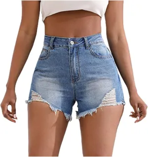 Ripped Jeans Shorts Womens High Waisted Stretchy Frayed Hem Distressed Denim Shorts Summer Hot Shorts with Pockets