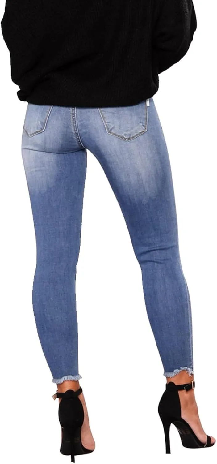 Ripped Jeans Womens Low Rise Stretch Ankle Skinny Jeans Raw Hem Slim Fit Cropped Curvy Denim Jeggings with Pockets