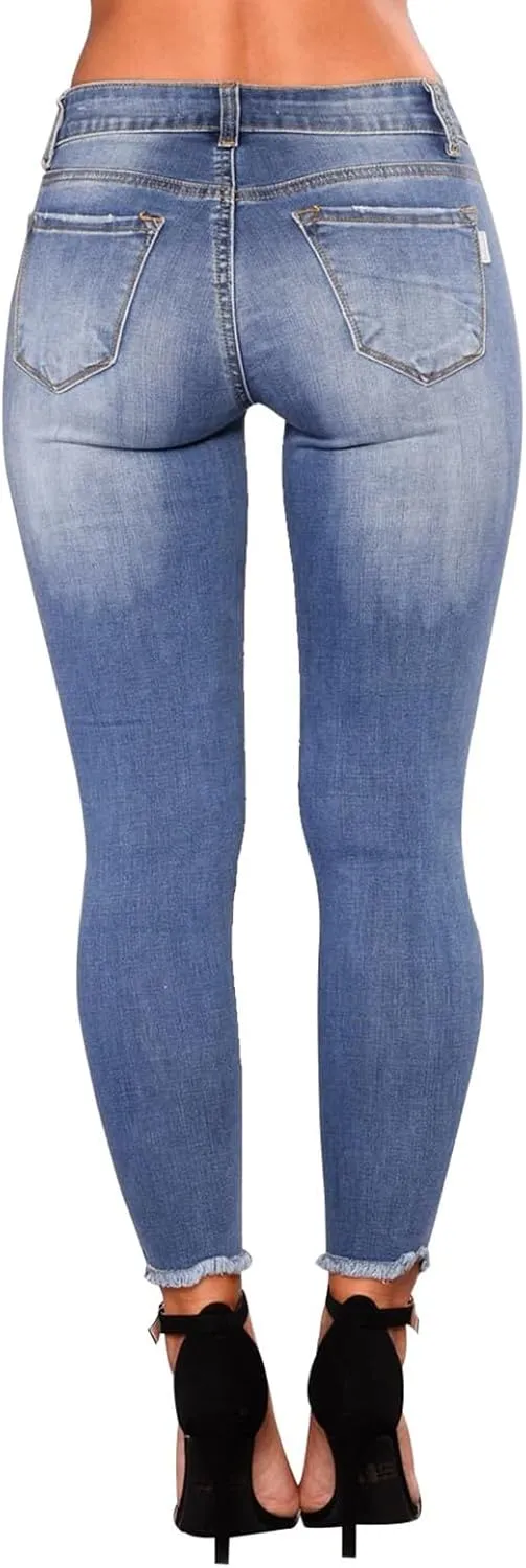Ripped Jeans Womens Low Rise Stretch Ankle Skinny Jeans Raw Hem Slim Fit Cropped Curvy Denim Jeggings with Pockets