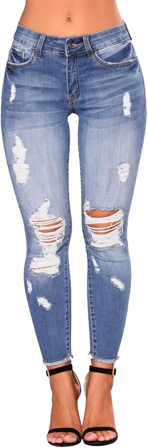 Ripped Jeans Womens Low Rise Stretch Ankle Skinny Jeans Raw Hem Slim Fit Cropped Curvy Denim Jeggings with Pockets