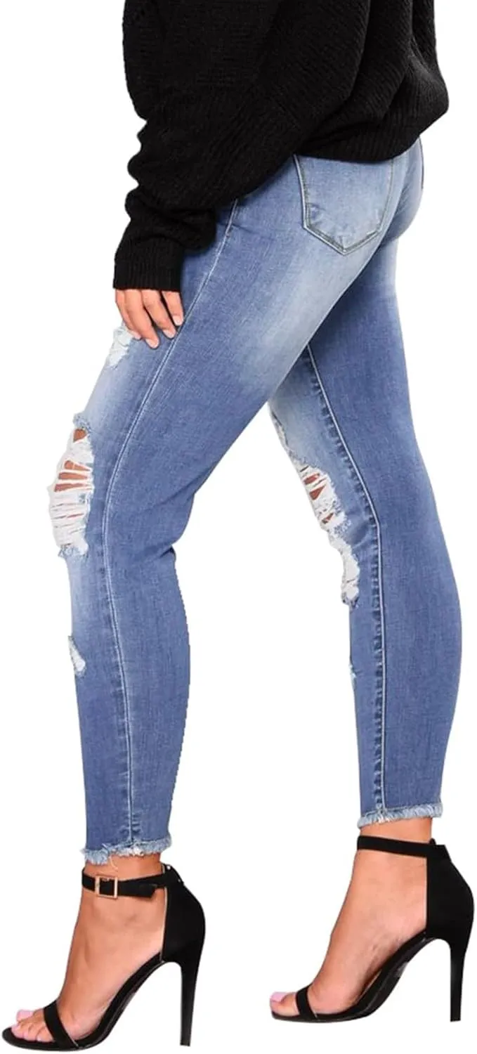 Ripped Jeans Womens Low Rise Stretch Ankle Skinny Jeans Raw Hem Slim Fit Cropped Curvy Denim Jeggings with Pockets