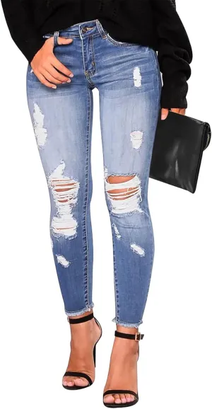 Ripped Jeans Womens Low Rise Stretch Ankle Skinny Jeans Raw Hem Slim Fit Cropped Curvy Denim Jeggings with Pockets