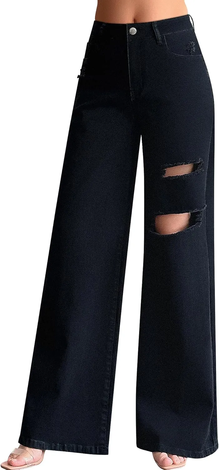 roswear Women’s Baggy Wide Leg Jeans Boyfriend Trendy High Waisted Ripped Stretchy Denim Jeans