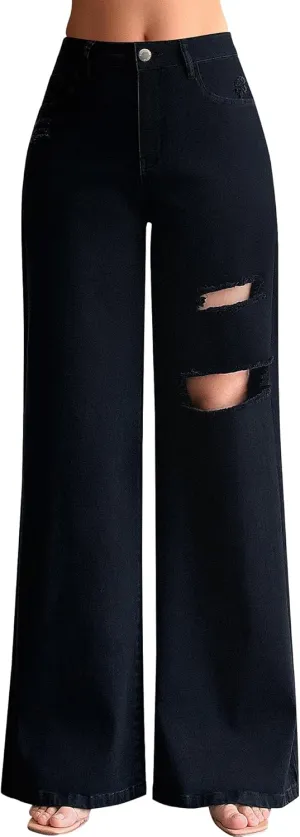 roswear Women’s Baggy Wide Leg Jeans Boyfriend Trendy High Waisted Ripped Stretchy Denim Jeans
