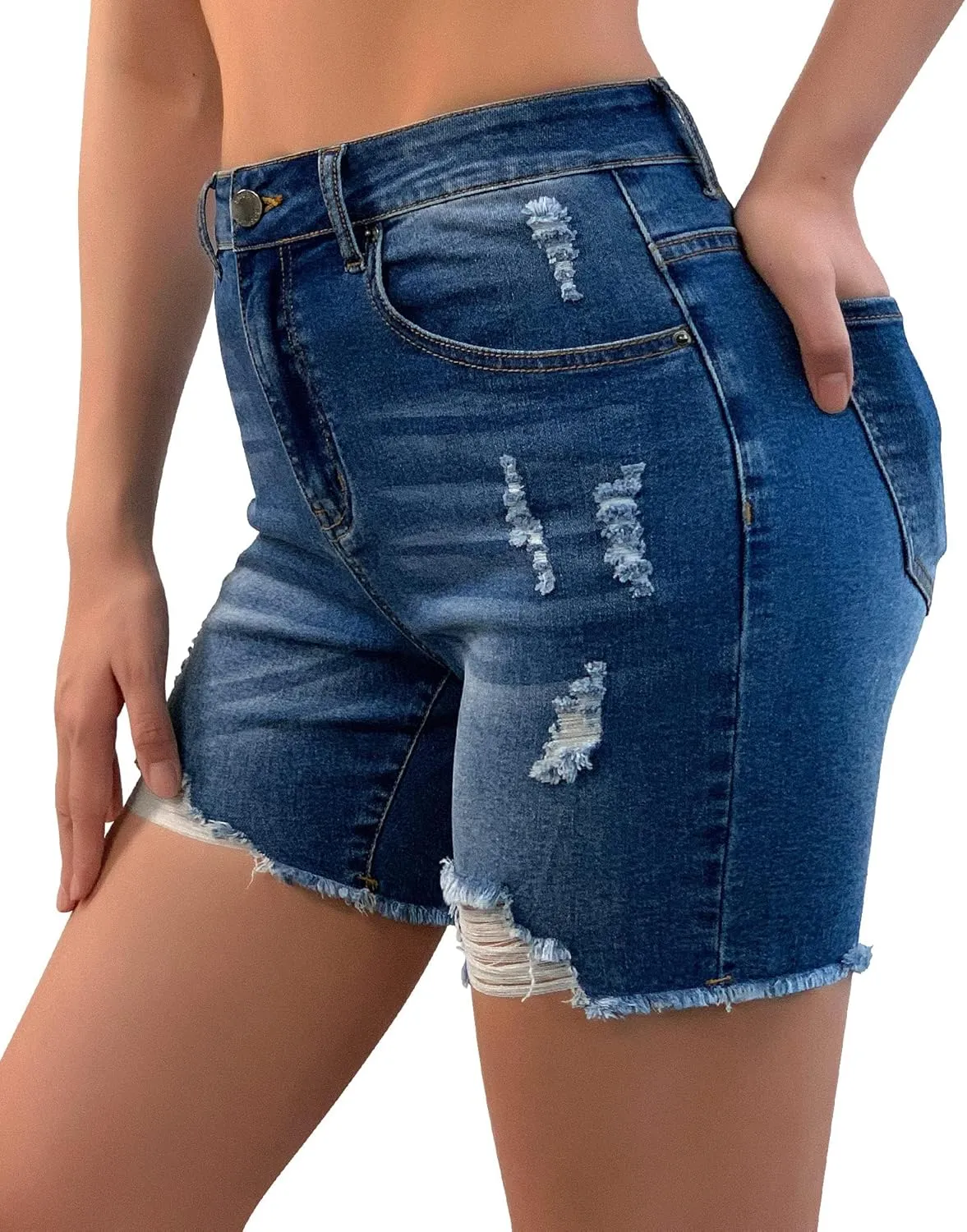 roswear Womens Casual Summer Ripped High Waisted Denim Shorts Stretch Distressed Frayed Raw Hem Jean Shorts