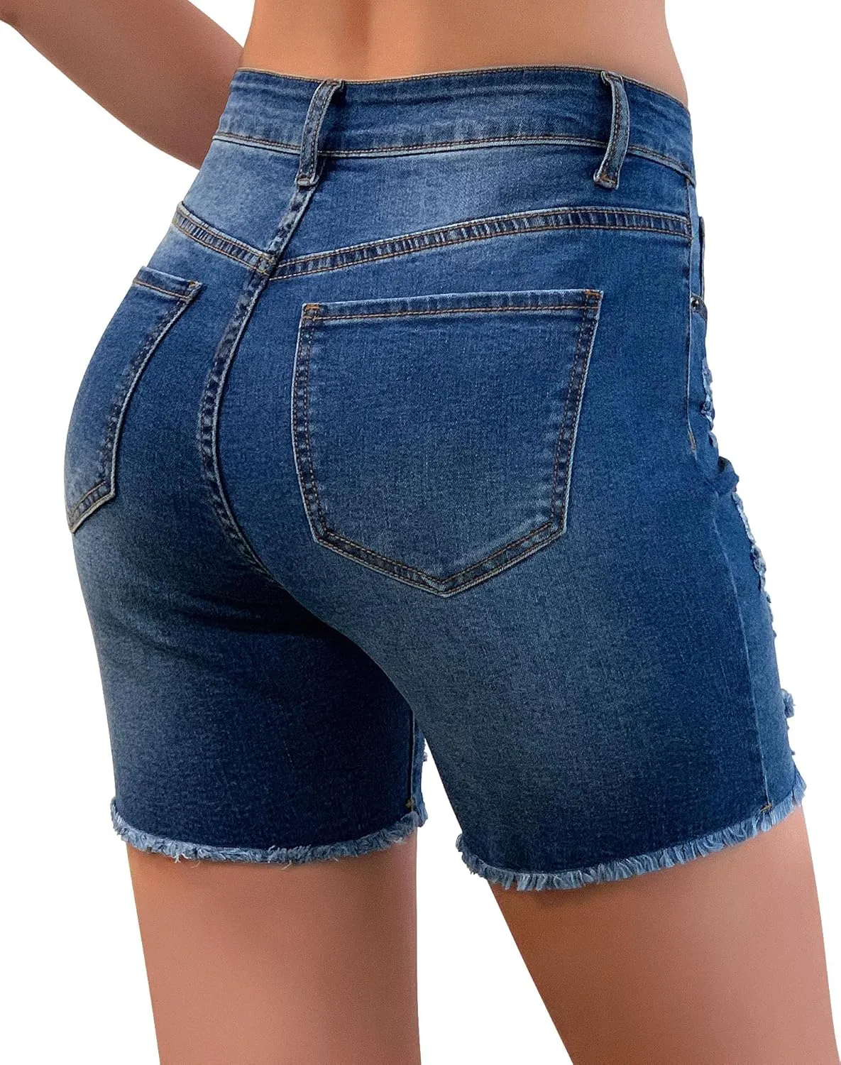 roswear Womens Casual Summer Ripped High Waisted Denim Shorts Stretch Distressed Frayed Raw Hem Jean Shorts