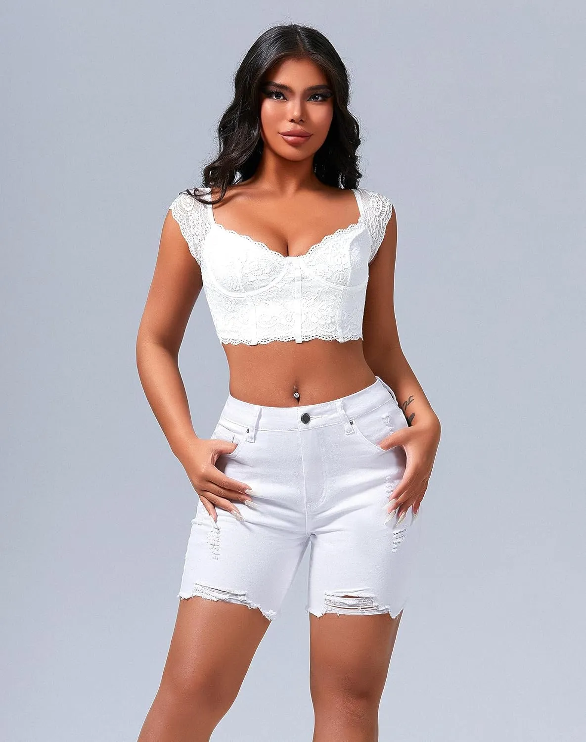 roswear Women’s Casual Summer Ripped High Waisted Denim Shorts Stretch Distressed Frayed Raw Hem Jean Shorts