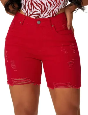 roswear Women’s Casual Summer Ripped High Waisted Denim Shorts Stretch Distressed Frayed Raw Hem Jean Shorts