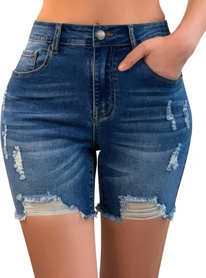 roswear Womens Casual Summer Ripped High Waisted Denim Shorts Stretch Distressed Frayed Raw Hem Jean Shorts