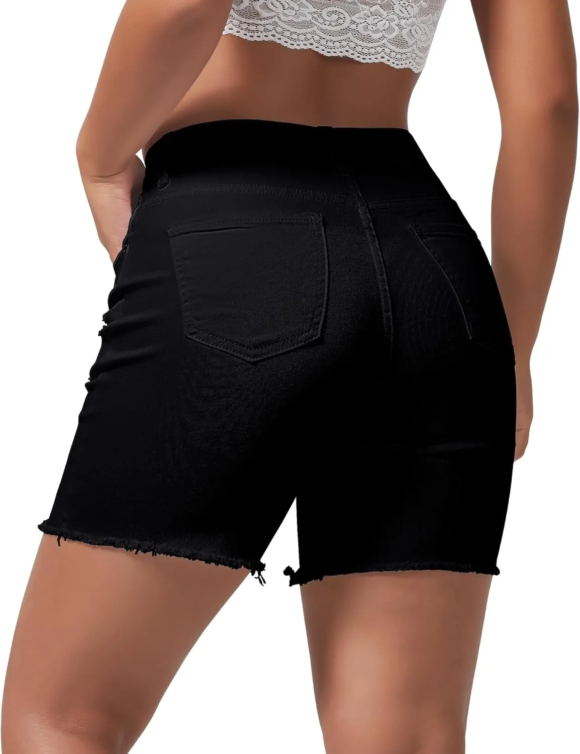 roswear Women’s Casual Summer Ripped High Waisted Denim Shorts Stretch Distressed Frayed Raw Hem Jean Shorts