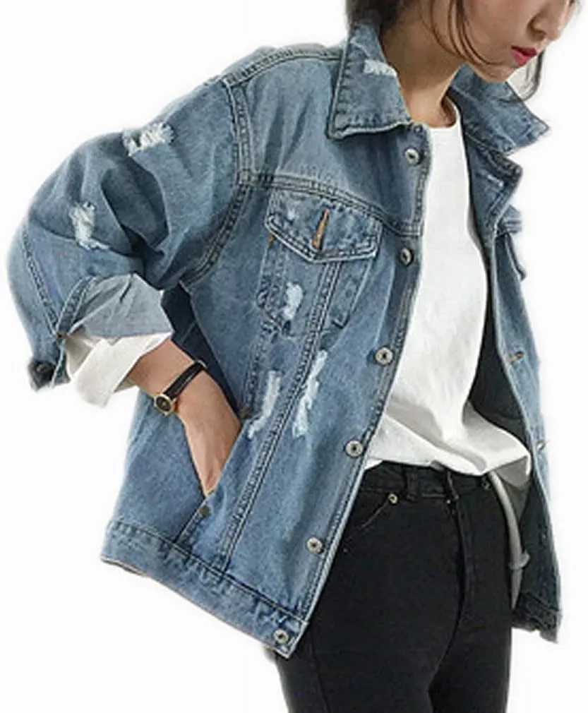 Saukiee Oversized Denim Jacket Distressed Boyfriend Jean Coat Jeans Trucker Jacket for Women Girls