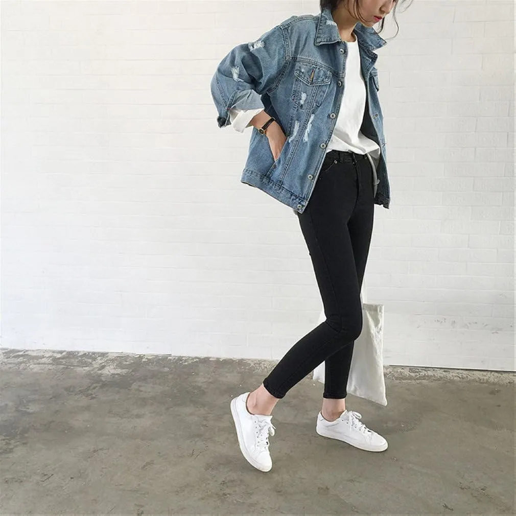Saukiee Oversized Denim Jacket Distressed Boyfriend Jean Coat Jeans Trucker Jacket for Women Girls