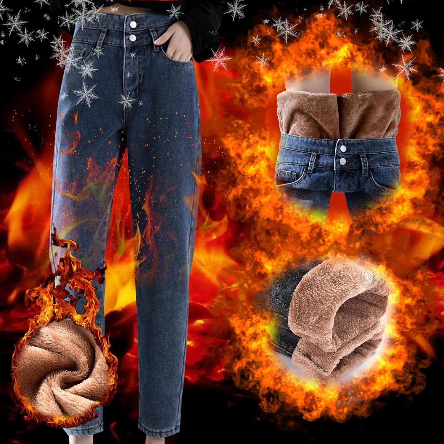 sdbrld Fleece Lined Jeans Women,Womens Fleece Lined Jeans Warm Winter Thermal Jeans Thicken Loose Stretch Denim Pants Tights