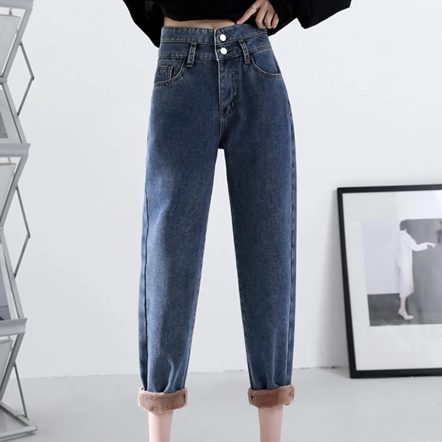sdbrld Fleece Lined Jeans Women,Womens Fleece Lined Jeans Warm Winter Thermal Jeans Thicken Loose Stretch Denim Pants Tights