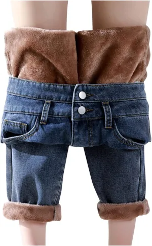 sdbrld Fleece Lined Jeans Women,Womens Fleece Lined Jeans Warm Winter Thermal Jeans Thicken Loose Stretch Denim Pants Tights