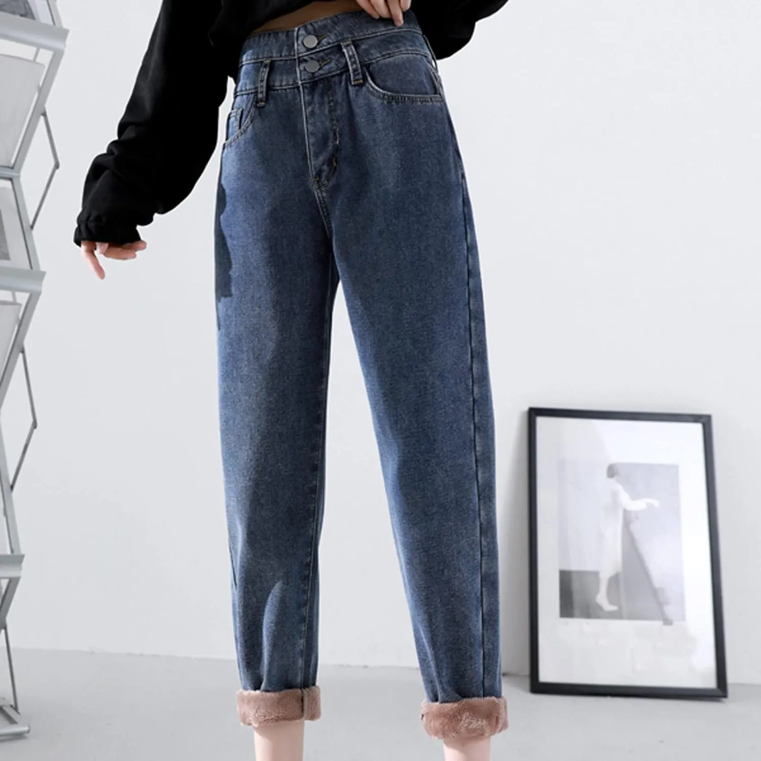 sdbrld Fleece Lined Jeans Women,Womens Fleece Lined Jeans Warm Winter Thermal Jeans Thicken Loose Stretch Denim Pants Tights