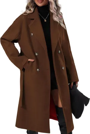 SEMATOMALA Women's Oversized Double Breasted Wool Blend Long Coat with Belt Notched Lapel Winter Trench Coat
