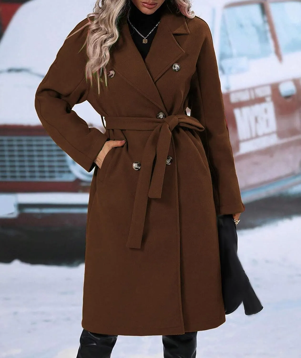 SEMATOMALA Women's Oversized Double Breasted Wool Blend Long Coat with Belt Notched Lapel Winter Trench Coat
