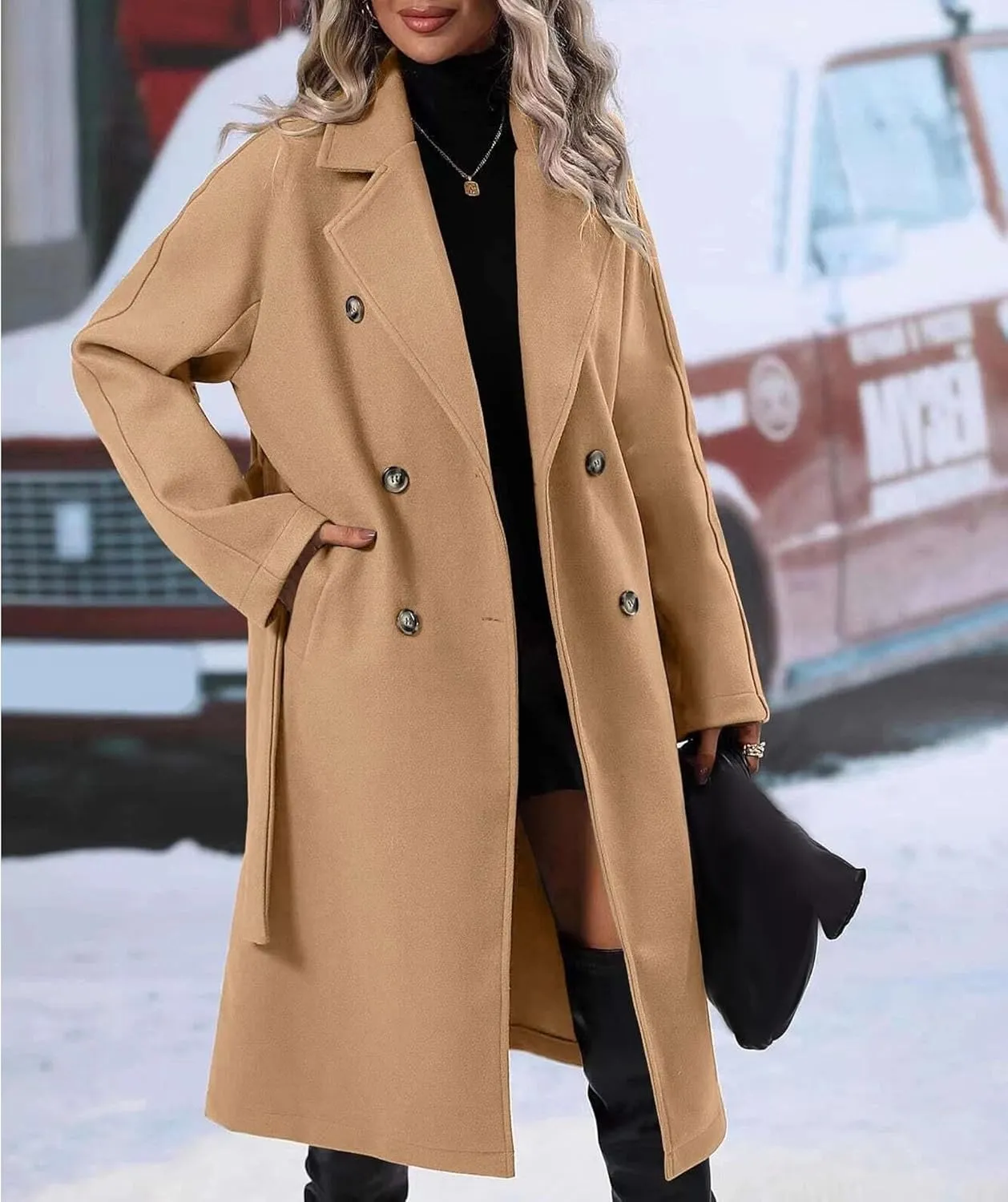 SEMATOMALA Women's Oversized Double Breasted Wool Blend Long Coat with Belt Notched Lapel Winter Trench Coat