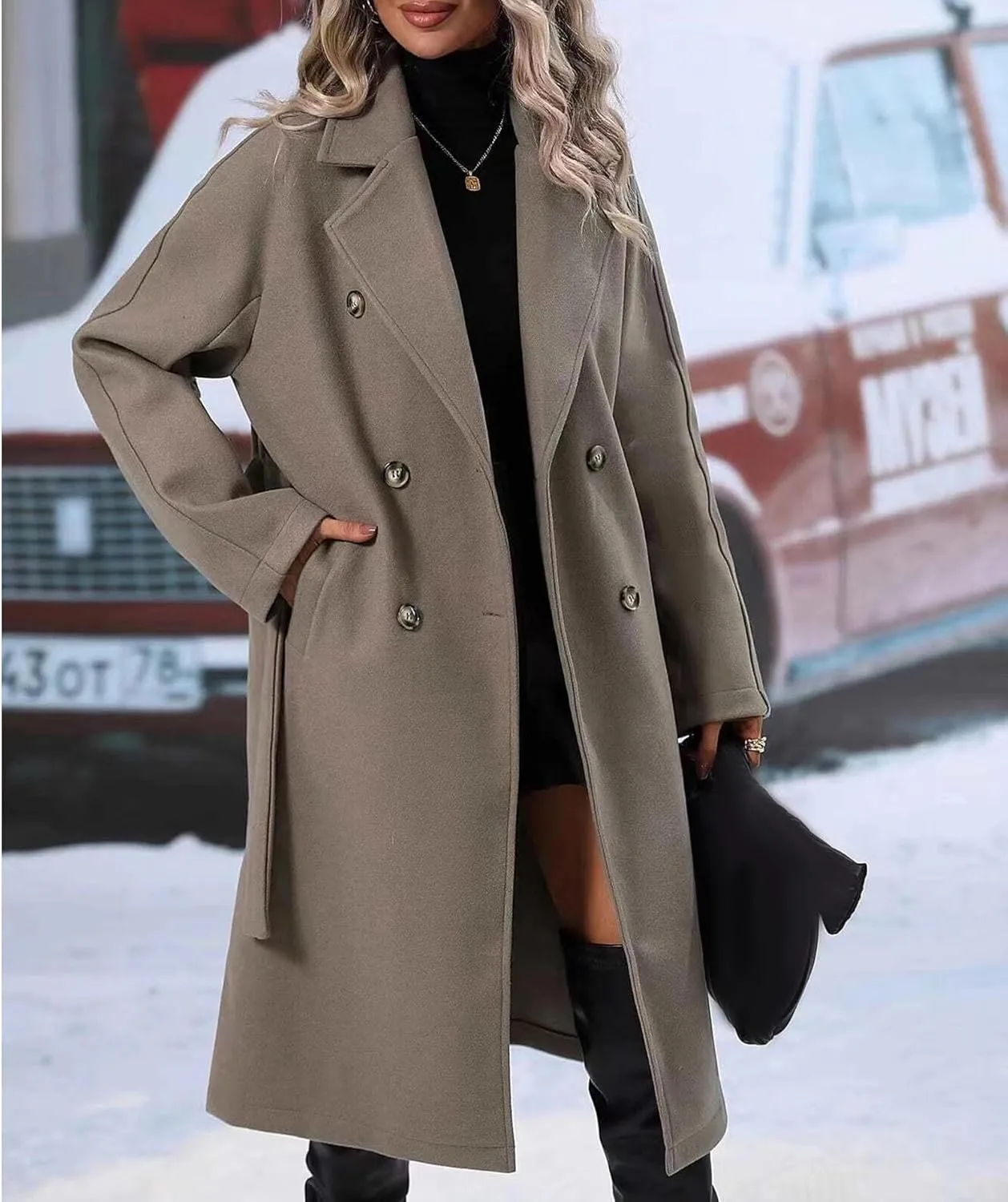 SEMATOMALA Women's Oversized Double Breasted Wool Blend Long Coat with Belt Notched Lapel Winter Trench Coat